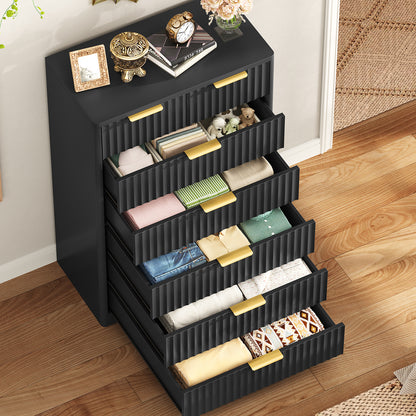 TEENOFN Fluted Dresser for Bedroom with 7 Drawers, 48" Tall Modern Chest of Drawers with Metal Handle, Wooden Dresser TV Stand, Wood Closet Clothes Storage Organizer for Living Room, Hallway, Black