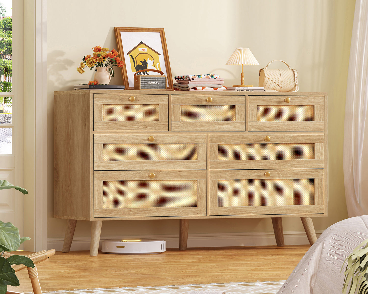 TEENFON 47.2''Wide 7 Drawer Rattan Dresser, Boho Dresser for Bedroom, Chest of Drawers, Closet Organizer, Natural Wood Dressers Chest for Bedroom, Living Room, Entryway, Natural