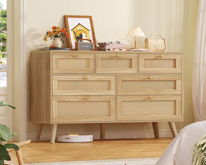TEENFON 47.2''Wide 7 Drawer Rattan Dresser, Boho Dresser for Bedroom, Chest of Drawers, Closet Organizer, Natural Wood Dressers Chest for Bedroom, Living Room, Entryway, Natural