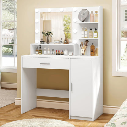 TEENFON Vanity Desk with 10 Lights & Mirror, 3 Storage Shelf, Big Drawer, Cabinet with Shelves, 3 Lighting Modes & Adjustable Brightness Dressing Table, Small Makeup Vanity, 35.5” Desk,White