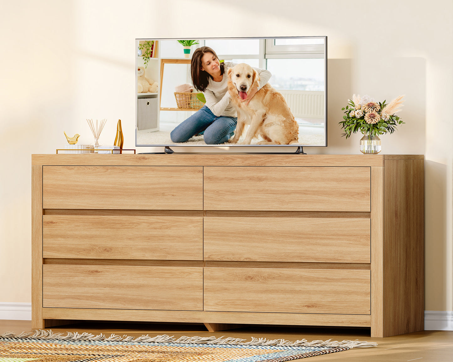 TEENFON 55" Dresser for Bedroom with 6 Drawers, Modern Dressers & Chests of Drawers with Metal Handles, Wooden Dresser TV Stand, Bedroom Dressers for Living Room, Hallway, Natural