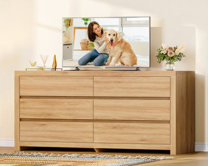 TEENFON 55" Dresser for Bedroom with 6 Drawers, Modern Dressers & Chests of Drawers with Metal Handles, Wooden Dresser TV Stand, Bedroom Dressers for Living Room, Hallway, Natural
