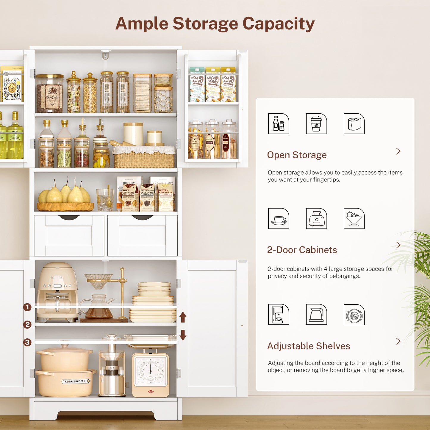 TEENFON Kitchen Pantry Cabinet with Adjustable Shelf, Tall Storage Cabinet with 2 Drawers & 4 Door Shelves, Food Pantry Cabinets, for Kitchen, Dining Room, Living Room, White