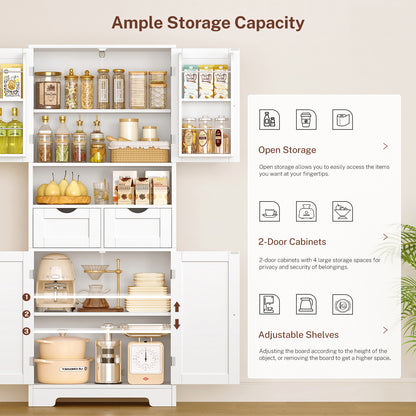 TEENFON Kitchen Pantry Cabinet with Adjustable Shelf, Tall Storage Cabinet with 2 Drawers & 4 Door Shelves, Food Pantry Cabinets, for Kitchen, Dining Room, Living Room, White