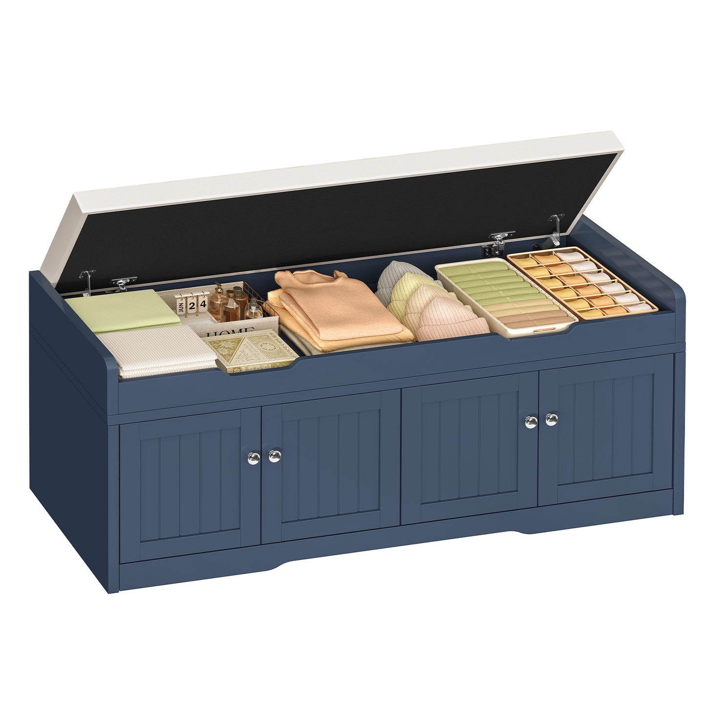 TEENFON 3-Tier Storage Bench, 47.2" Wide Shoe Bench with Lift Top Storage & 2 Adjustable Shelves, Entryway Bench with Padded Seat Cushion, Shoe Cabinet Bench for Entryway, Living Room, Bedroom (White)