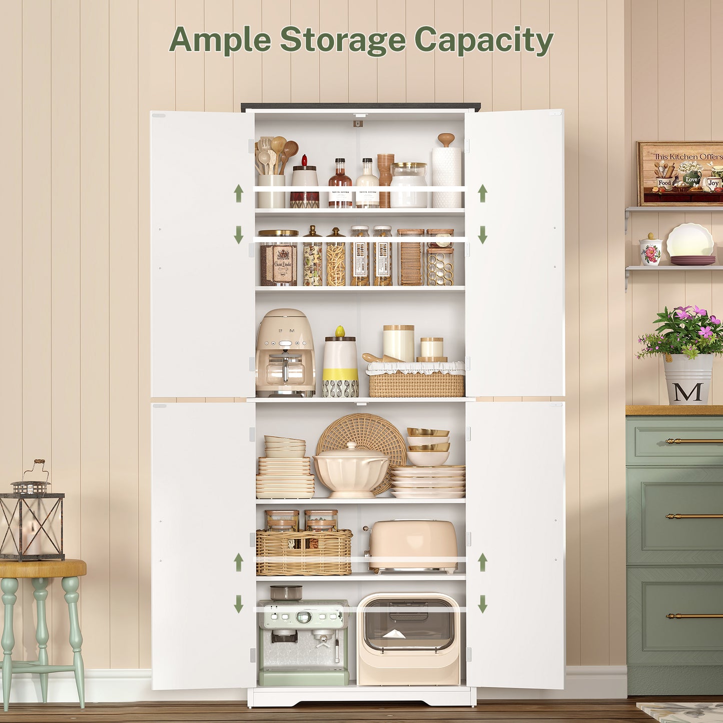TEENFON 67" Kitchen Pantry Cabinet with 4 Doors, Farmhouse Pantry Cabinet with Adjustable Shelves, Storage Cabinet for Kitchen, Bathroom, Living Room, White