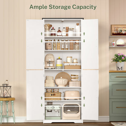 TEENFON 67" Kitchen Pantry Cabinet with 4 Doors, Farmhouse Pantry Cabinet with Adjustable Shelves, Storage Cabinet for Kitchen, Bathroom, Living Room, White