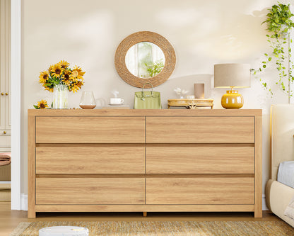 TEENFON 55" Dresser for Bedroom with 6 Drawers, Modern Dressers & Chests of Drawers with Metal Handles, Wooden Dresser TV Stand, Bedroom Dressers for Living Room, Hallway, Natural