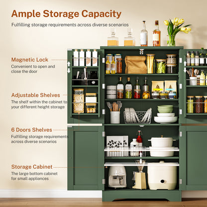 TEENFON 51" H Pantry Cabinet with 4 Doors, Kitchen Cabinet with 6 Door Shelves, Kitchen Pantry for Living Room, Dining Room, Bathroom, Green