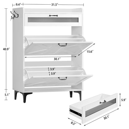 TEENFON Shoe Cabinet with 2 Flip Drawers, Shoe Storage Cabinet with Mesh Sliding Drawer, Freestanding Shoe Organizer with Metal Legs & 2 Hooks, Narrow Shoe Rack for Entryway, Hallway, White