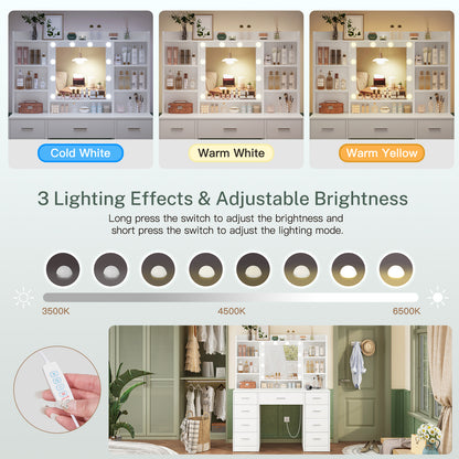TEENFON Dressing Table with 3-Color LED Lights Mirror, Adjustable Brightness, Vanity Table Makeup Desk with 9 Drawers and 7 Storage Shelves, Modern Vanity Desk for Bedroom Dressing Room, White