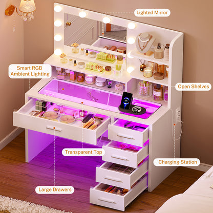 Vanity Desk with Mirror and Lights, Makeup Vanity with Glass Top