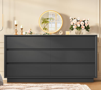 TEENFON 55" Dresser for Bedroom with 6 Drawers, Black Dresser with Metal Slide, Bedroom Dressers, Wood Dressers & Chests of Drawers for Bedroom, Hallway, Black