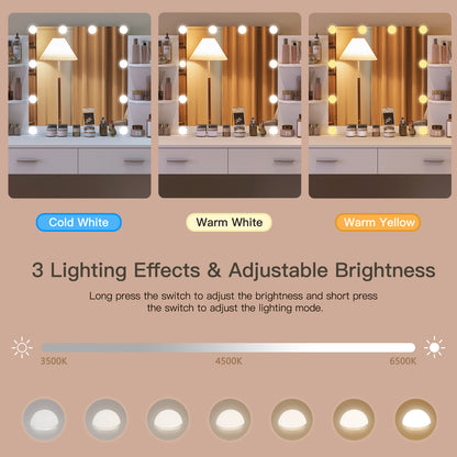 TEENFON Vanity Desk with Mirror and Lights, Makeup Vanity Set with 2 Drawers and Open Shelves, Makeup Vanity Desk Dressing Table with Cushioned Stool and 10 LED Lights, White