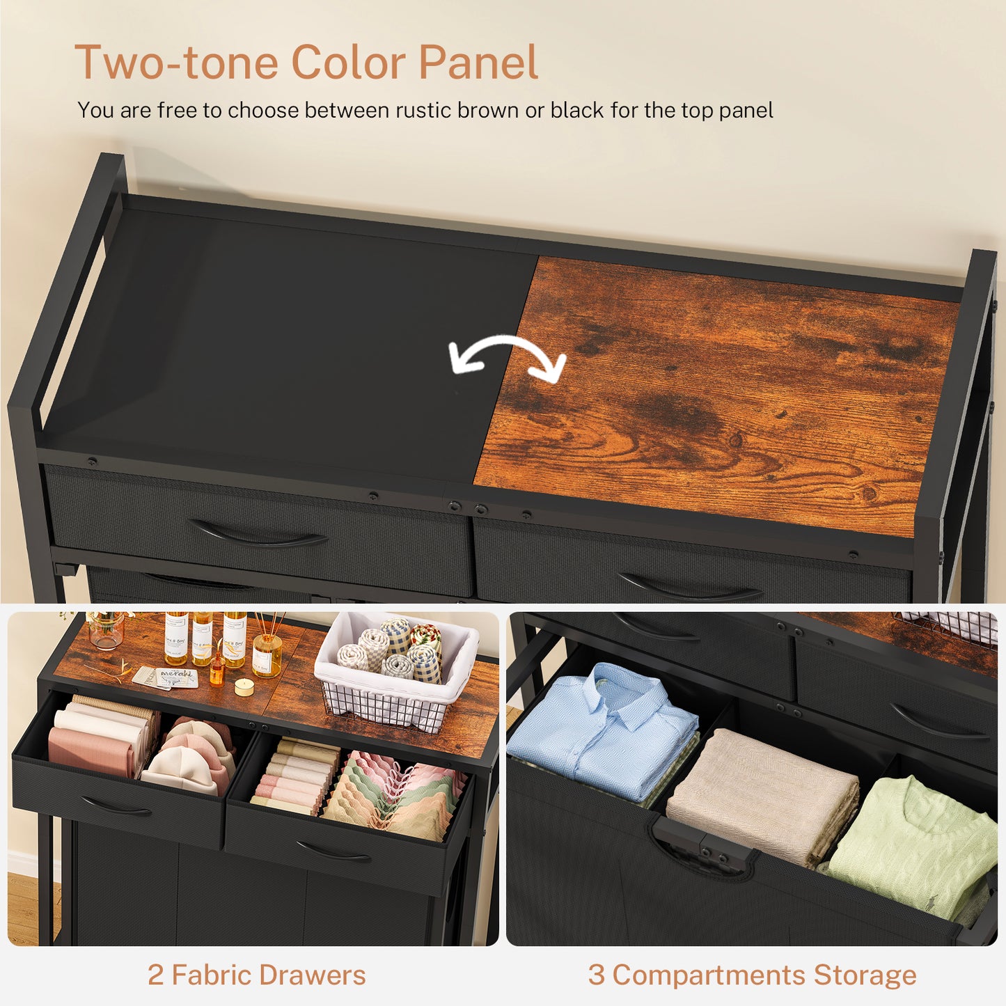 Laundry Sorter, Rolling Laundry Hamper with 3 Section Pull-Out Bags, Laundry Basket Organizer with 2 Drawers & 2-Tone Top Panel, Laundry Hamper with Wheels for Laundry Room Organization, Bathroom