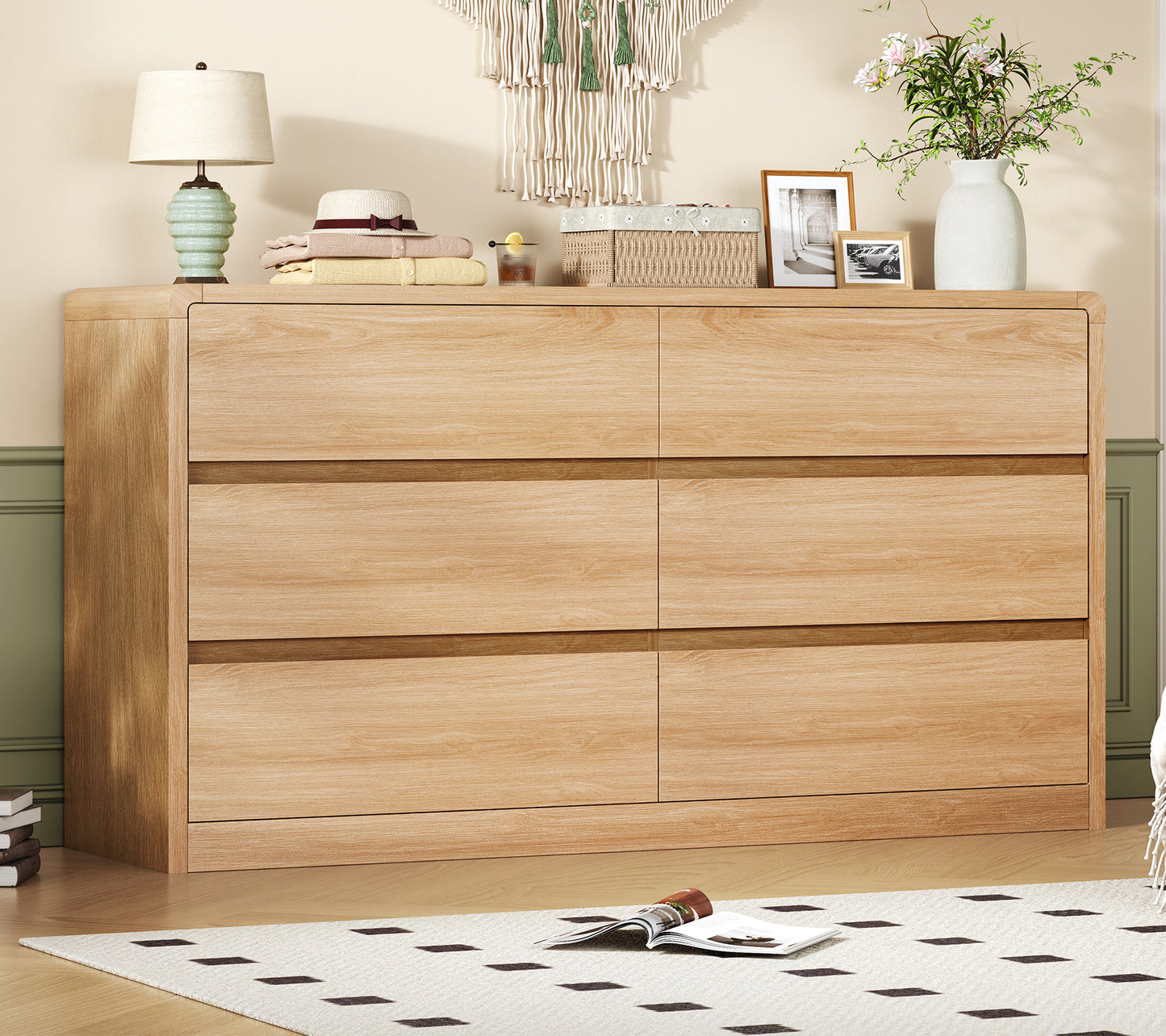 TEENFON 6 Drawer Dresser for Bedroom, 55" Wide Dressers & Chest of Drawers with Curved Profile Design, Wood Closet Storage Dressers Organizer for Bedroom, Living Room, Natural