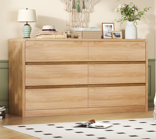 TEENFON 6 Drawer Dresser for Bedroom, 55" Wide Dressers & Chest of Drawers with Curved Profile Design, Wood Closet Storage Dressers Organizer for Bedroom, Living Room, Natural