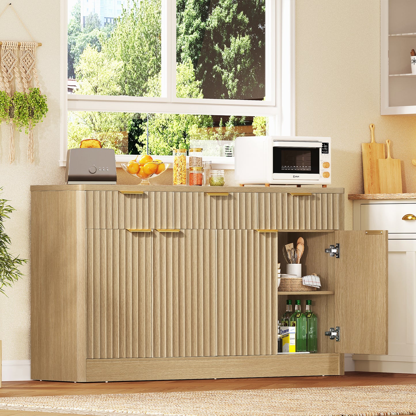 TEENEON Large Fluted Buffet Cabinet with 3 Drawers & 4 Doors, Sideboard Cabinet with 2 Adjustable Shelves, Coffee Bar Storage Cabinet for Kitchen, Living Room, Natural