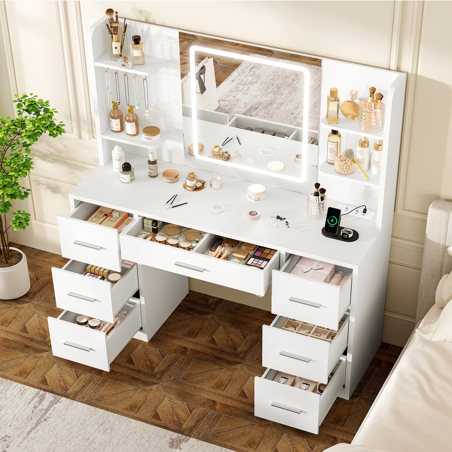 TEENFON Makeup Vanity with Dimmable LED Lights and Outlets, Makeup Table with Mirror, 4 Open Shelves, and 5 Jewelry Hooks, White, Vanity with 7 Drawers + LED Lights