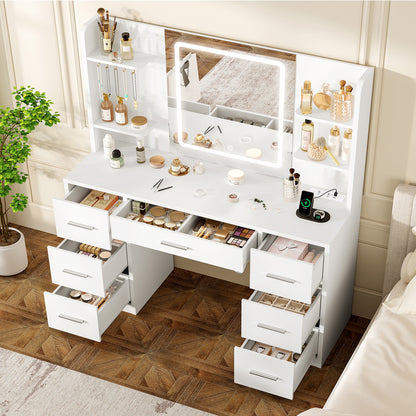 TEENFON Makeup Vanity with Dimmable LED Lights and Outlets, Makeup Table with Mirror, 4 Open Shelves, and 5 Jewelry Hooks, White, Vanity with 7 Drawers + LED Lights
