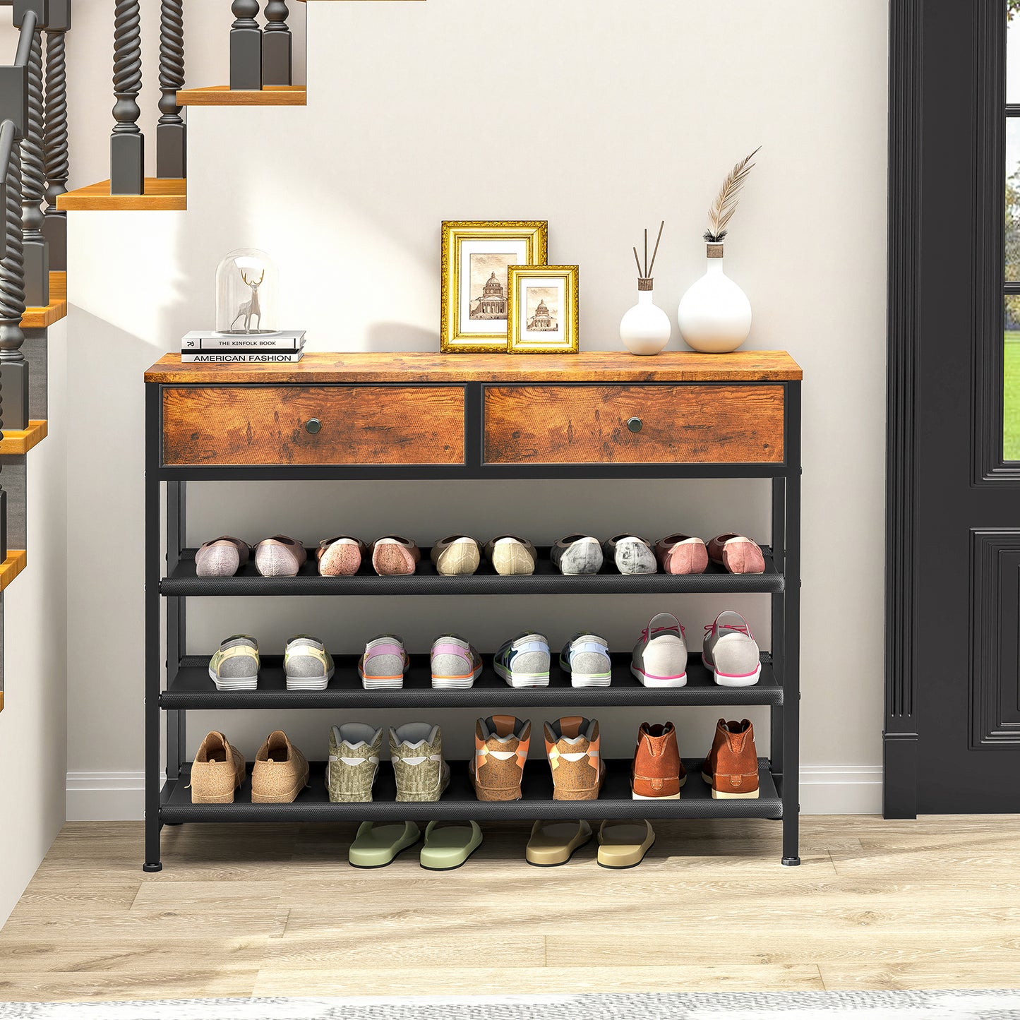 TEENFON Shoe Rack, 4 Tier Shoe Storage Organizer with 2 Drawers, Metal Shoe Shelf for 12-15 Pairs of Shoes, with 3 Oxford Fabric Shelves and Wooden Top, Shoe Stand for Entryway, Rustic Brown