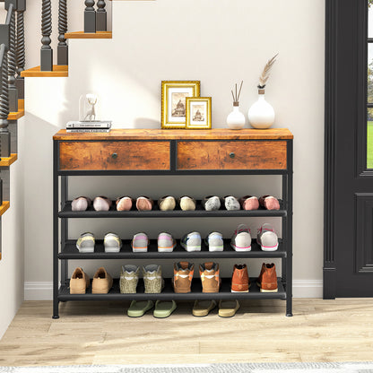 TEENFON Shoe Rack, 4 Tier Shoe Storage Organizer with 2 Drawers, Metal Shoe Shelf for 12-15 Pairs of Shoes, with 3 Oxford Fabric Shelves and Wooden Top, Shoe Stand for Entryway, Rustic Brown