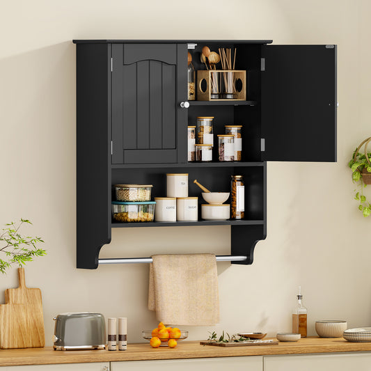 TEENFON Bathroom Wall Cabinet with Towel Rack, Bathroom Cabinet with Adjustable Shelf, Over The Toilet Storage Cabinet, Medicine Cabinet, Black