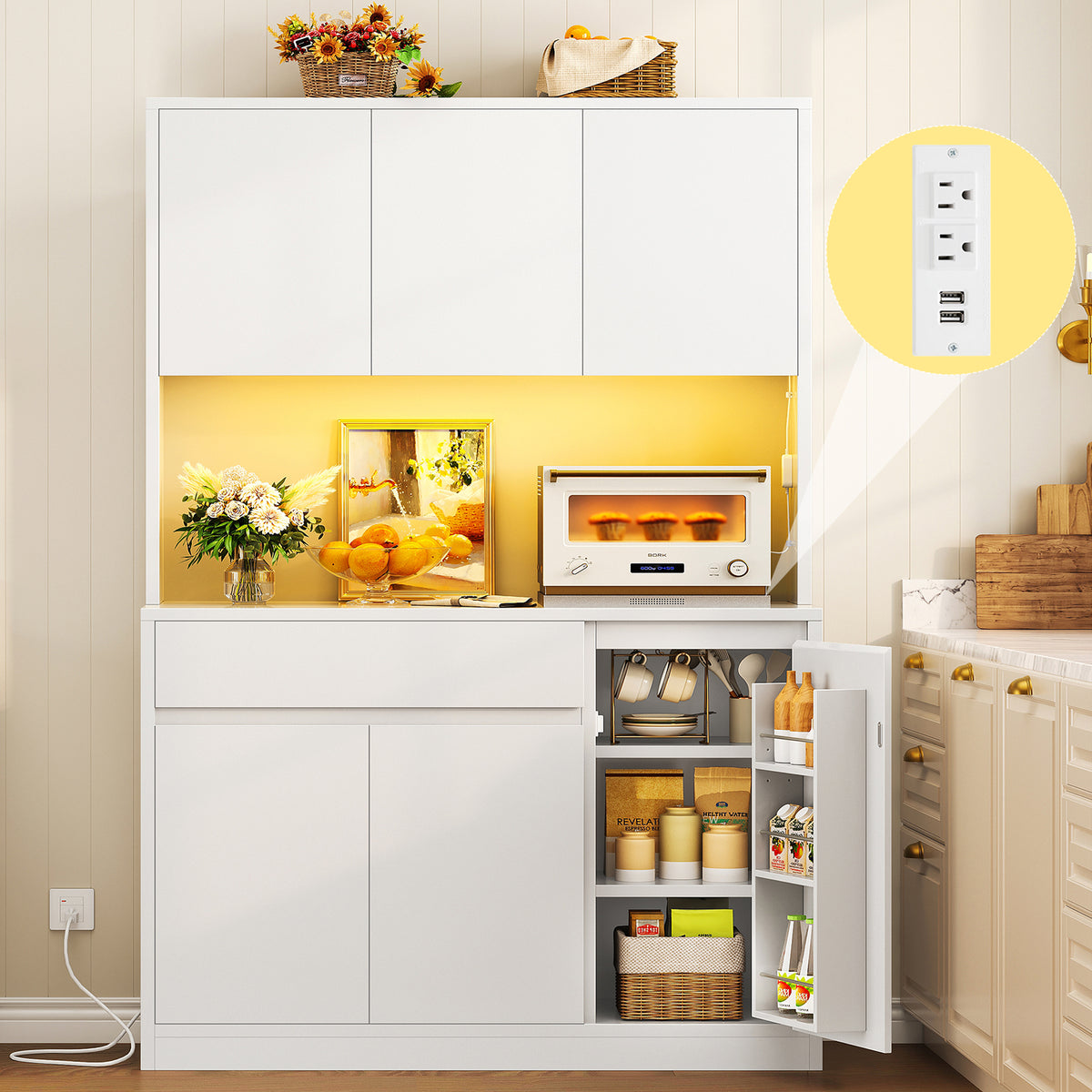 39.4"W Pantry Cabinet with Charging Station, Kitchen Pantry Cabinet, Kitchen Hutch Storage Cabinet with Microwave Stand & LED Light, Coffee Bar with Door Shelves for Dining Room, 6 Doors, White