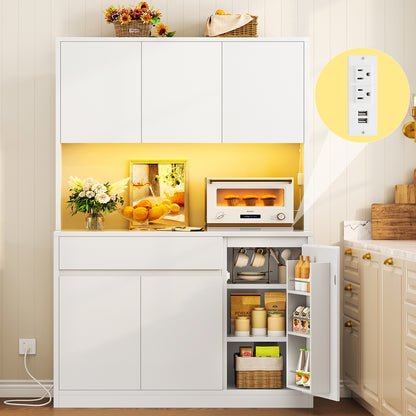 39.4"W Pantry Cabinet with Charging Station, Kitchen Pantry Cabinet, Kitchen Hutch Storage Cabinet with Microwave Stand & LED Light, Coffee Bar with Door Shelves for Dining Room, 6 Doors, White