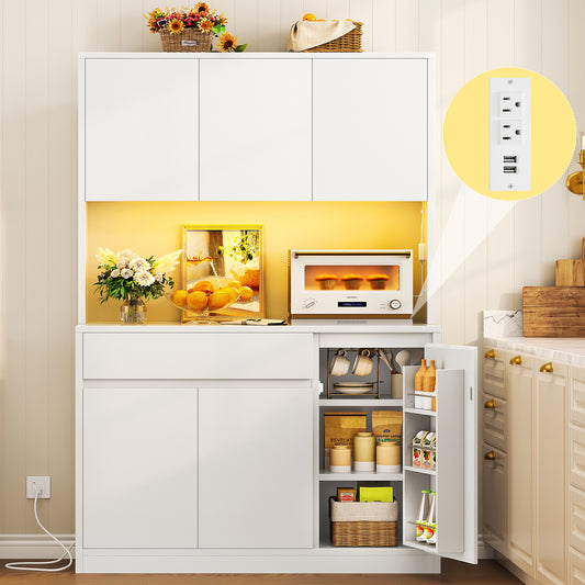 39.4"W Pantry Cabinet with Charging Station, Kitchen Pantry Cabinet, Kitchen Hutch Storage Cabinet with Microwave Stand & LED Light, Coffee Bar with Door Shelves for Dining Room, 6 Doors, White