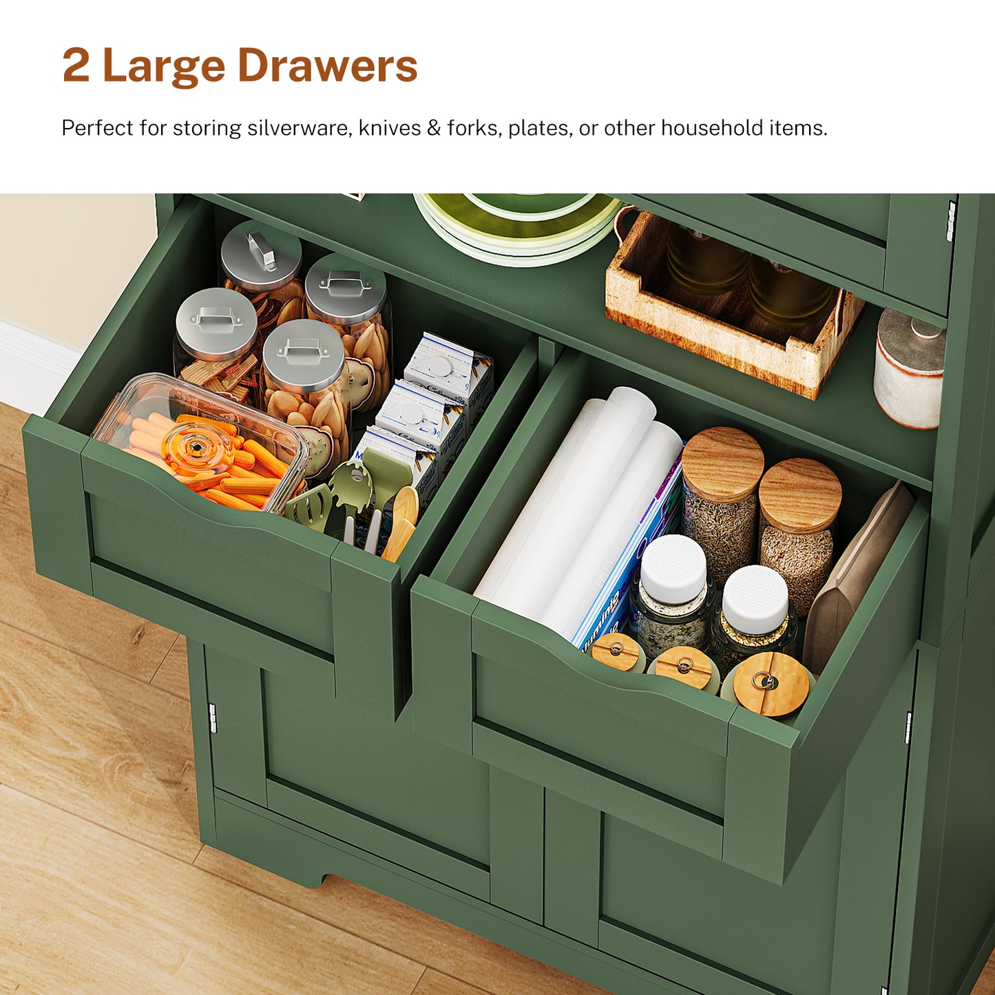 TEENFON Kitchen Pantry Cabinet with Adjustable Shelf, Tall Storage Cabinet with 2 Drawers & 4 Door Shelves, Food Pantry Cabinets, for Kitchen, Dining Room, Living Room, Green