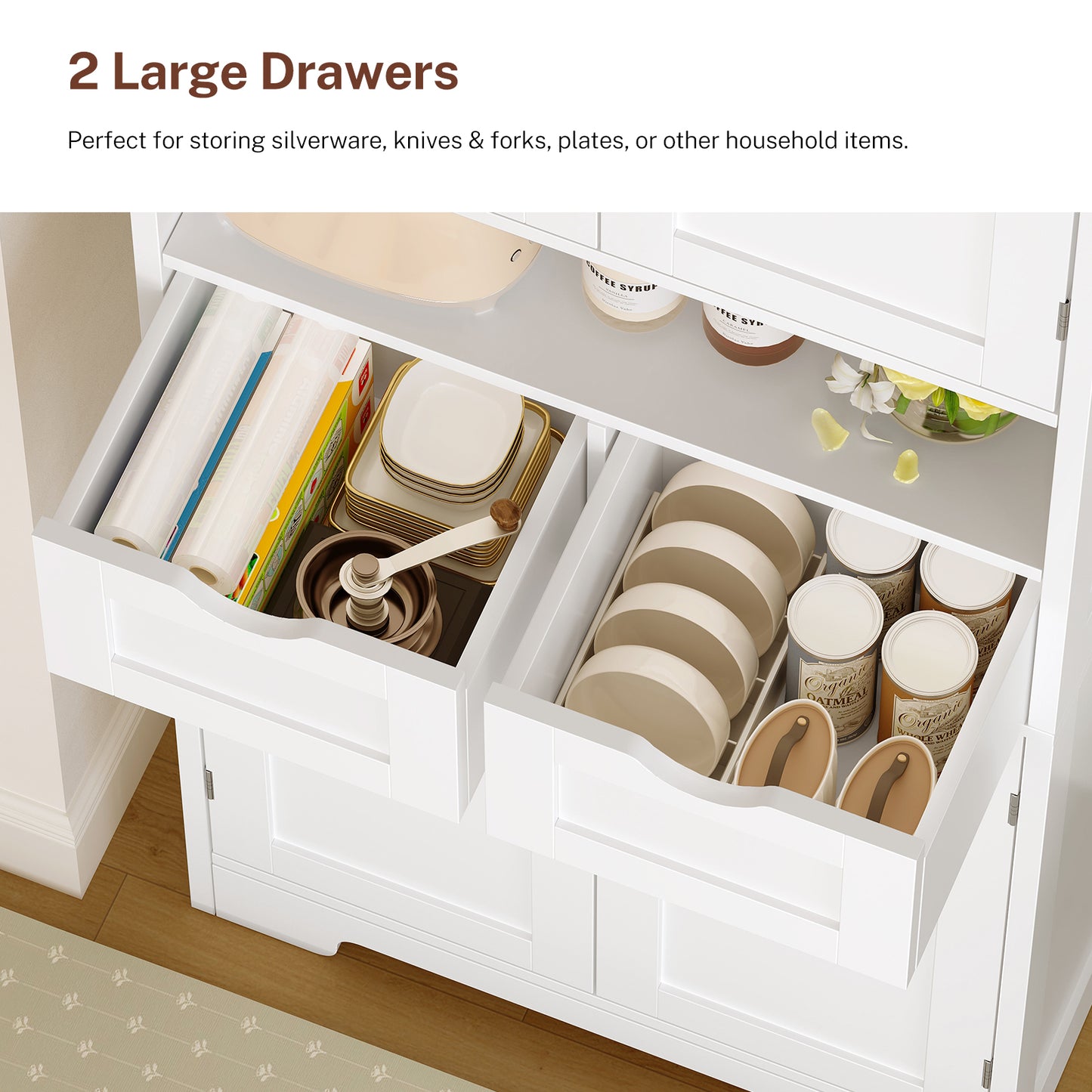 TEENFON Kitchen Pantry Cabinet with Adjustable Shelf, Tall Storage Cabinet with 2 Drawers & 4 Door Shelves, Food Pantry Cabinets, for Kitchen, Dining Room, Living Room, White