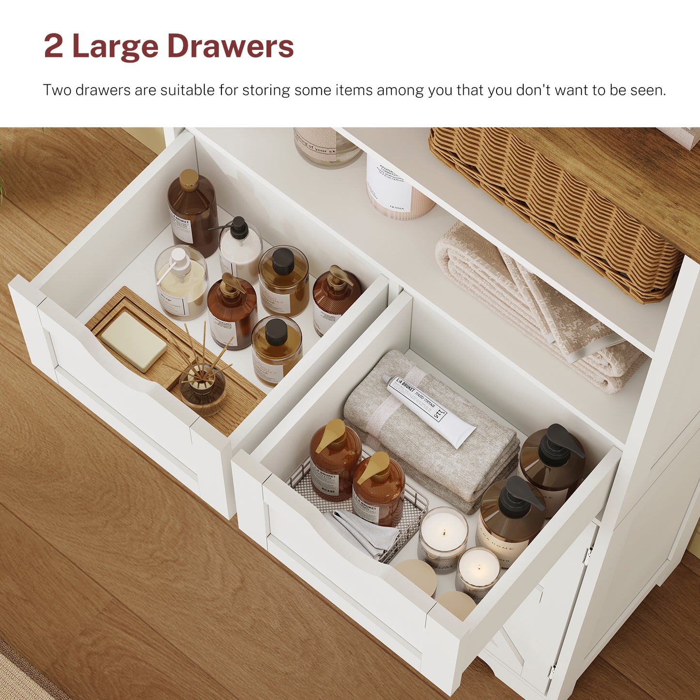 TEENFON Storage Cabinet with Doors & 2 Drawers, Kitchen Cabinet with Adjustable Shelf, Pantry Cabinets, Bathroom Cabinets, for Living Room, Entryway, Home Office, White