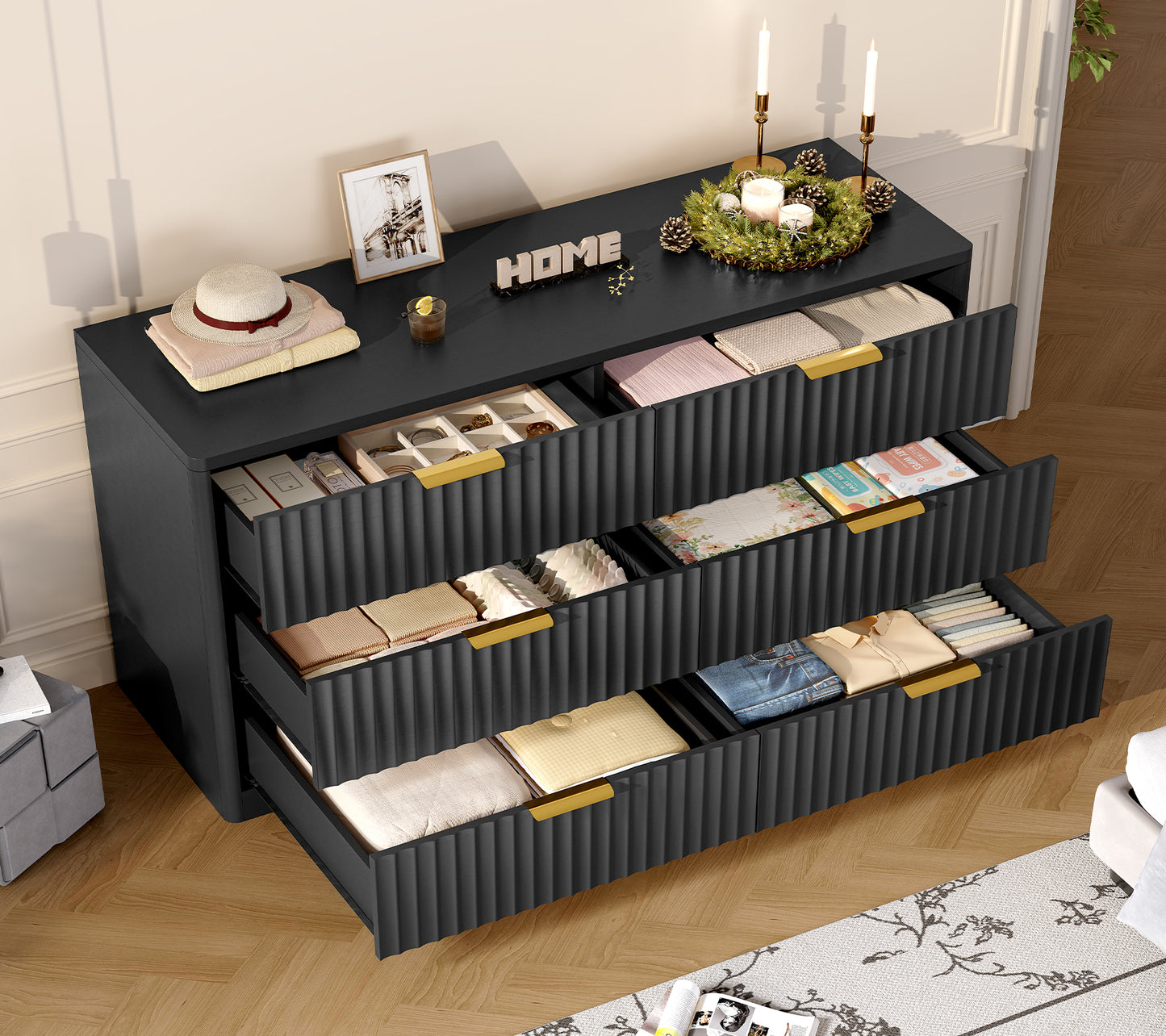TEENFON Fluted 6 Drawer Dresser for Bedroom, Wide Modern Chest of Drawers with Metal Handle, Curved Profile Design, Wood Closet Clothes Storage Organizer for Bedroom, Living Room, Hallway, Black