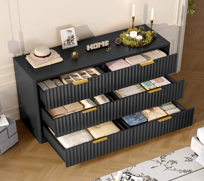 TEENFON Fluted 6 Drawer Dresser for Bedroom, Wide Modern Chest of Drawers with Metal Handle, Curved Profile Design, Wood Closet Clothes Storage Organizer for Bedroom, Living Room, Hallway, Black