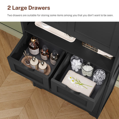 57.8" H Tall Storage Cabinet with 2 Drawers & 2 Adjustable Shelves, Floor Cabinet with 4 Doors, Tall Cabinet for Living Room, Dining Room, Entryway, Black