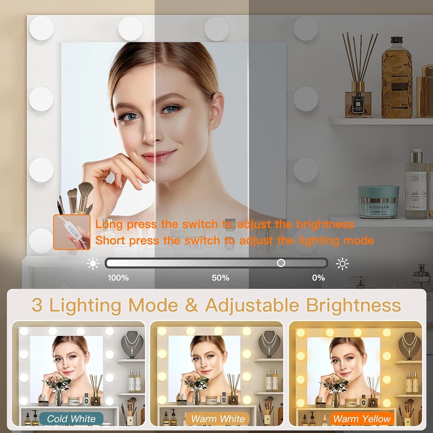 TEENFON Vanity Desk with 10 Lights & Mirror, 3 Storage Shelf, Big Drawer, Cabinet with Shelves, 3 Lighting Modes & Adjustable Brightness Dressing Table, Small Makeup Vanity, 35.5” Desk,White