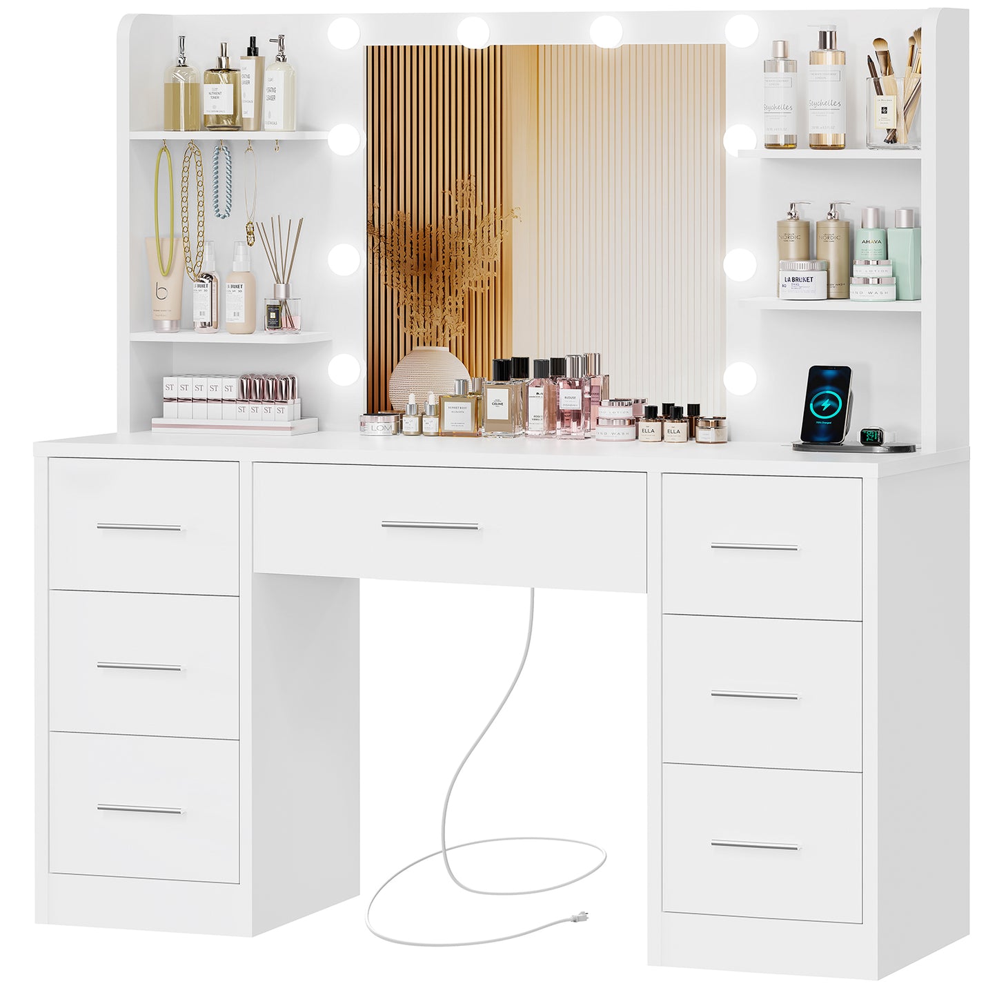 TEENFON Large Vanity Desk with LED Lighted Mirror & Power Outlet,Makeup Vanity Table with 7 Drawers,4 Shelves and 5 Hooks,Vanity Table, Vanity Desk Set for Bedroom,Bathroom,Black