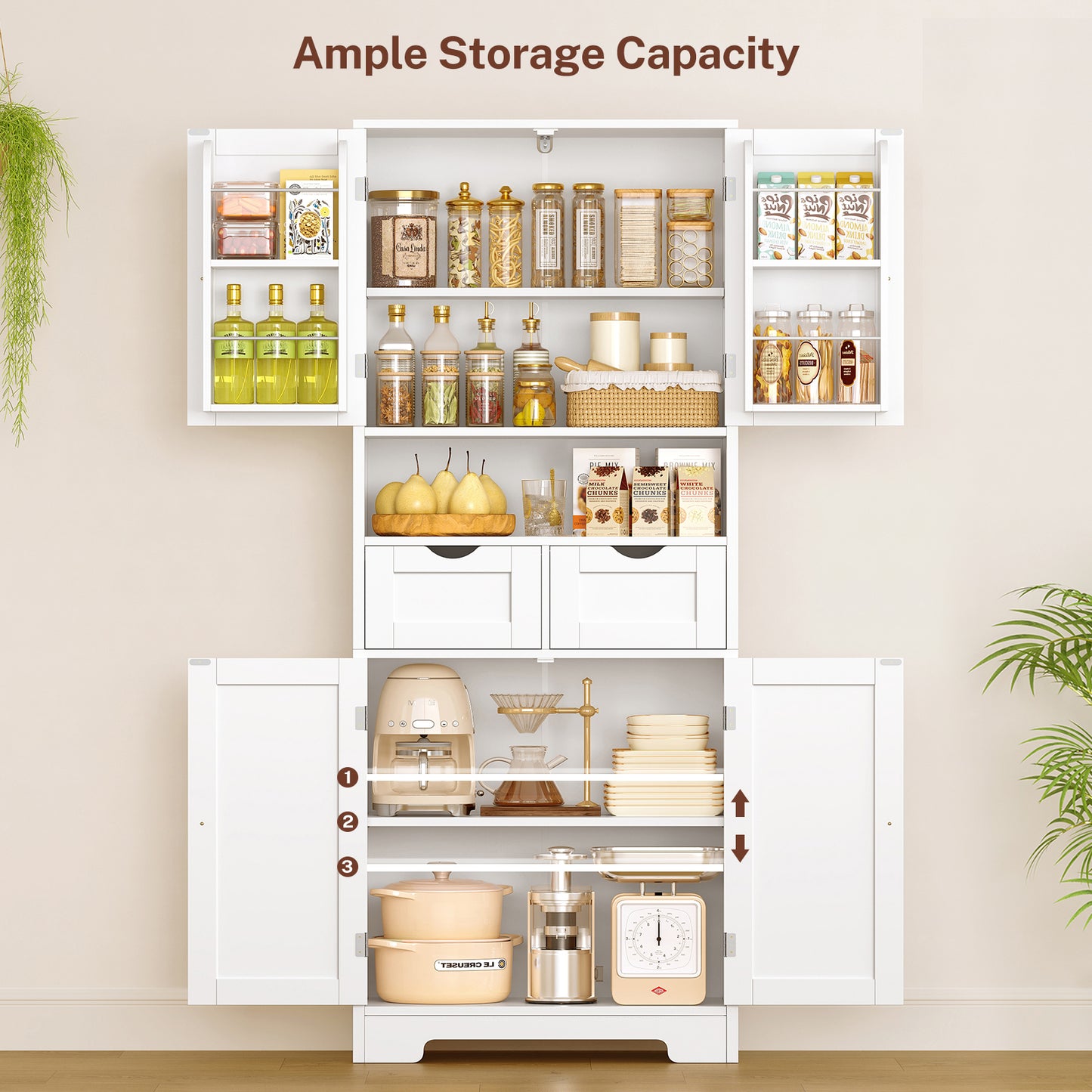 TEENFON Kitchen Pantry Cabinet with Adjustable Shelf, Tall Storage Cabinet with 2 Drawers & 4 Door Shelves, Food Pantry Cabinets, for Kitchen, Dining Room, Living Room, White