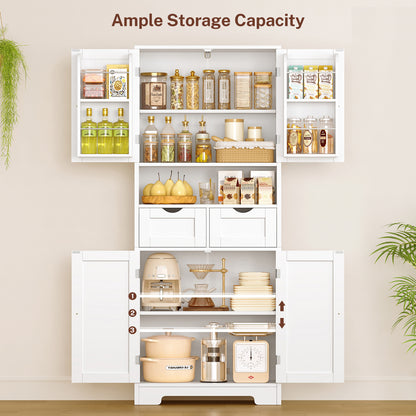 TEENFON Kitchen Pantry Cabinet with Adjustable Shelf, Tall Storage Cabinet with 2 Drawers & 4 Door Shelves, Food Pantry Cabinets, for Kitchen, Dining Room, Living Room, White