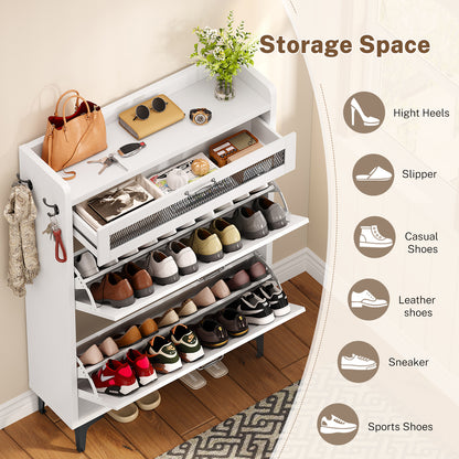TEENFON Shoe Cabinet with 2 Flip Drawers, Shoe Storage Cabinet with Mesh Sliding Drawer, Freestanding Shoe Organizer with Metal Legs & 2 Hooks, Narrow Shoe Rack for Entryway, Hallway, White