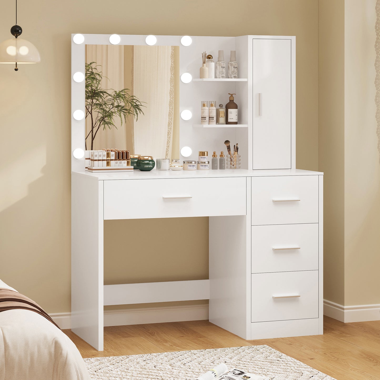 TEENFON Makeup Vanity with Lights, Vanity Desk with Mirror and 10 LED Lights, White Table with 4 Drawers, Cabinet & 4 Necklace Hooks, Dressing Table for Bedroom,Grils Vanity, White
