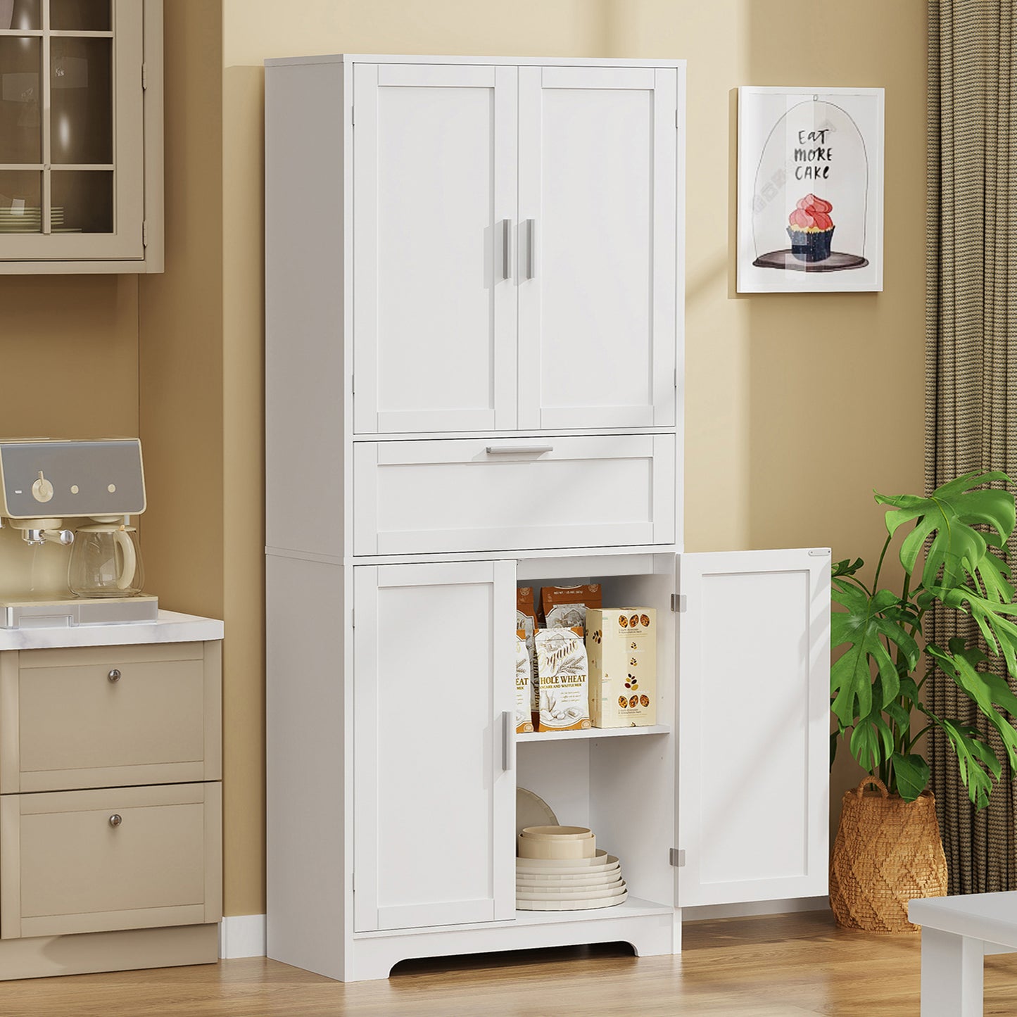 TEENFON Tall Storage Cabinet with Adjustable Shelf & 1 Large Drawer, Pantry Cabinet with 4 Doors, Bathroom Cabinets, Kitchen Cabinets for Dining Room, Living Room, Home Office, White