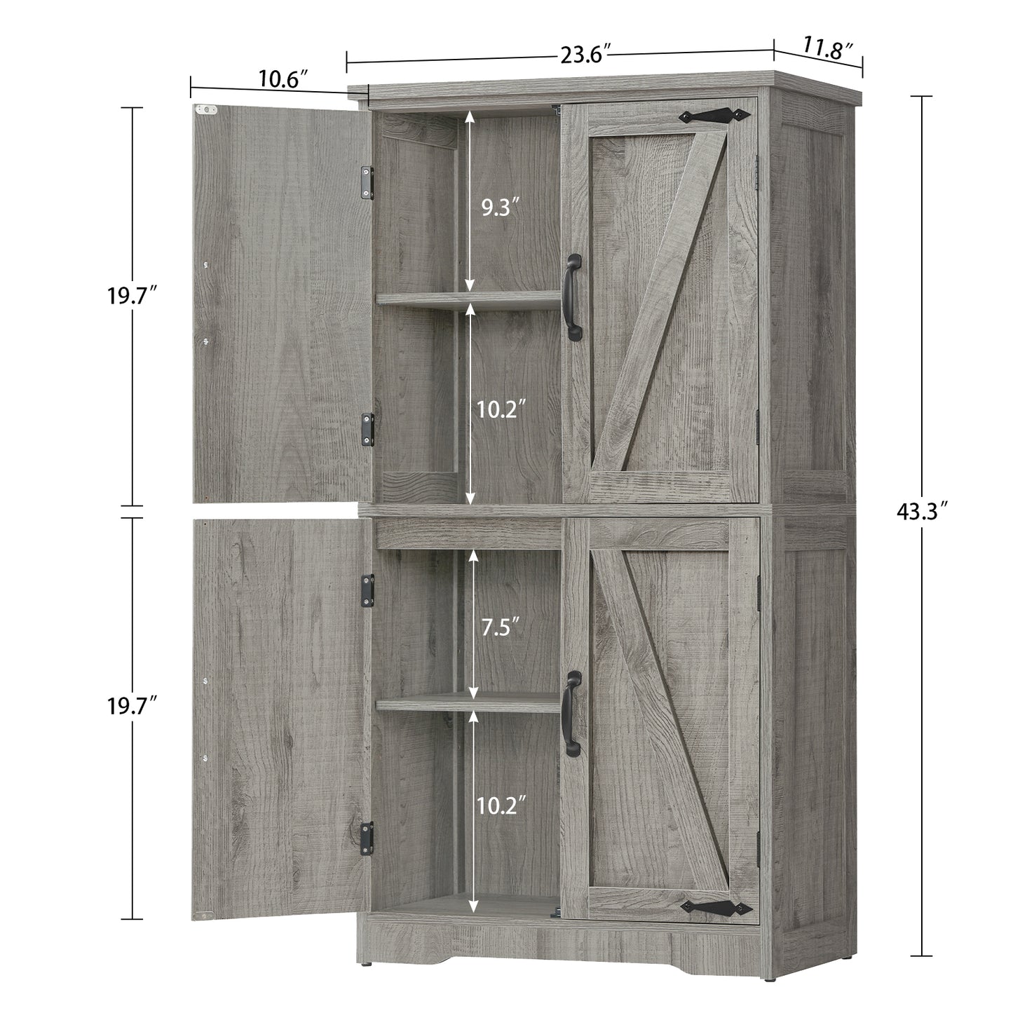 TEENFON Farmhouse Storage Cabinet with 2 Adjustable Shelves, Bathroom Cabinet with 4 Doors, Cupboard for Kitchen, Living Room, Rustic Gray