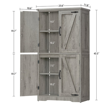 TEENFON Farmhouse Storage Cabinet with 2 Adjustable Shelves, Bathroom Cabinet with 4 Doors, Cupboard for Kitchen, Living Room, Rustic Gray