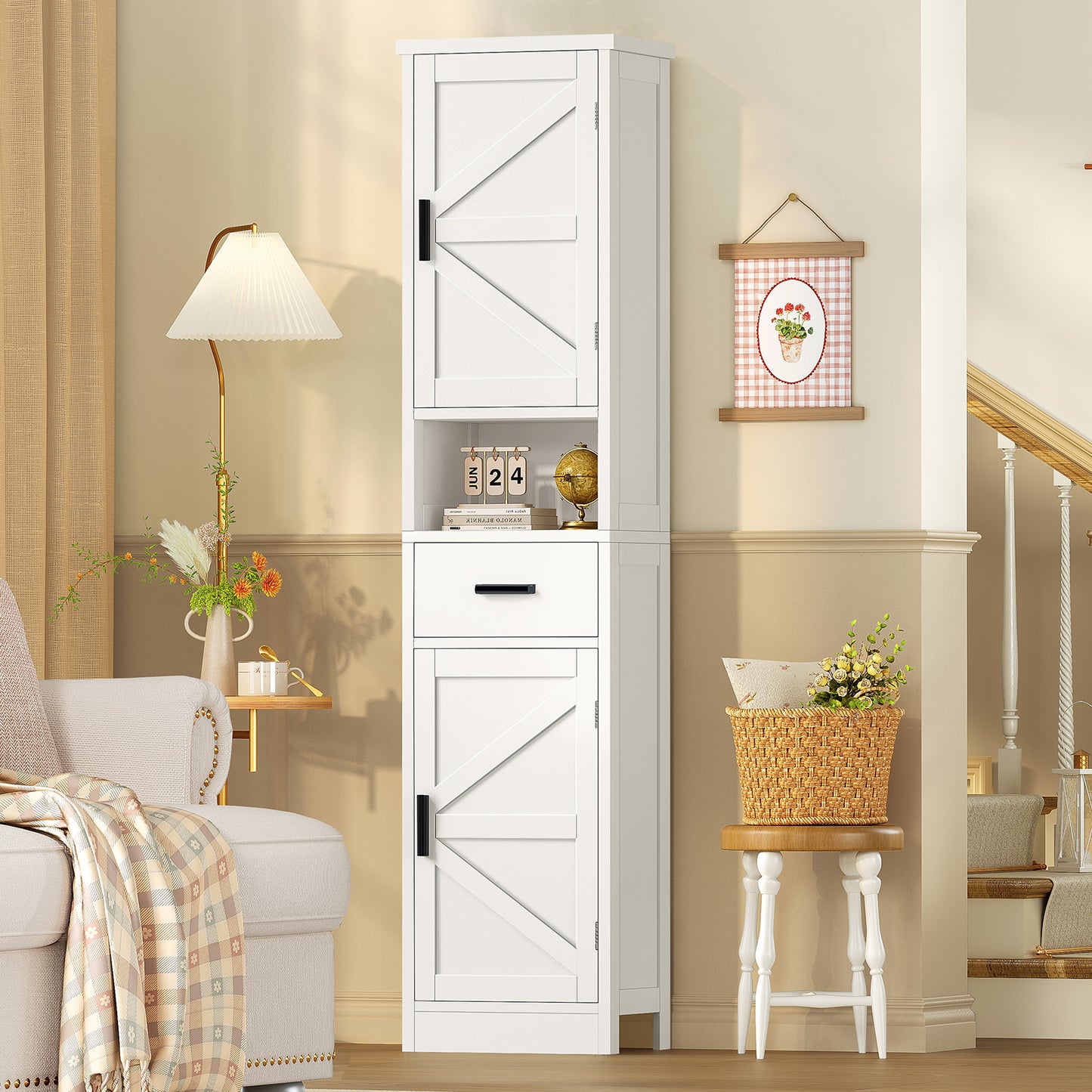 TEENFON Tall Bathroom Storage Cabinet with Barn Doors, Narrow Bathroom Cabinet with Drawer, Narrow Storage Unit, Adjustable Shelves, Floor Cabinets for Living Room, Entryway, Kitchen, White