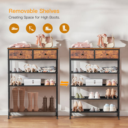 TEENFON Shoe Rack, 5 Tier Shoe Storage Organizer with 2 Drawers, Metal Shoe Shelf for 12-16 Pairs of Shoes, with 4 Oxford Fabric Shelves and Wooden Top, Shoe Stand for Closet Entryway, Rustic Brown