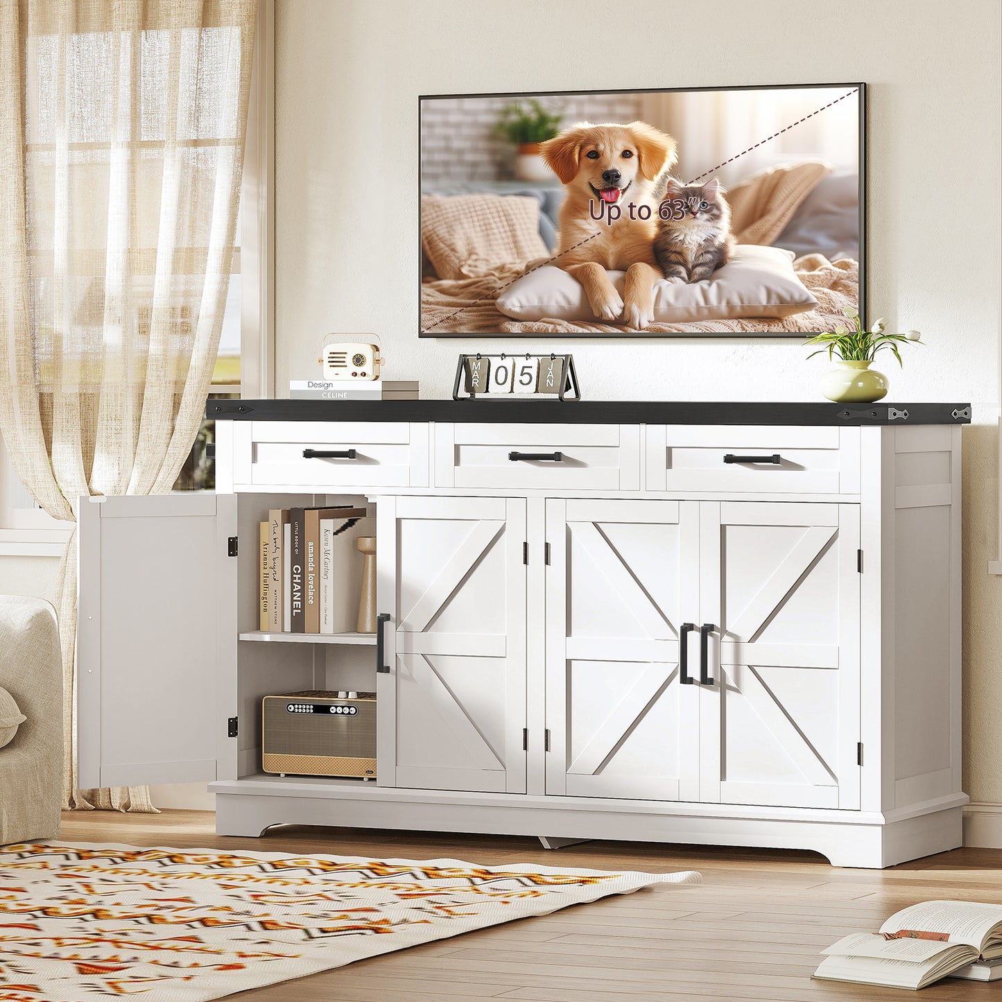 TEENFON 55”W Buffet Cabinet with 3 Large Drawers & 2 Adjustable Shelves, Modern Farmhouse Sideboard Buffet Cabinet with Storage, Credenza, Coffee Bar, White