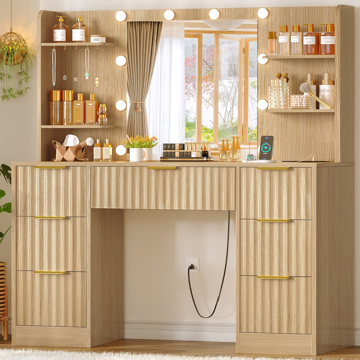 Fluted Vanity Desk with Mirror and Adjustable LED Lights, Makeup Vanity with 5 Drawers & Storage Shelves, 3 Color Modes & Adjustable Brightness, Vanity for Girls, Natural Oak