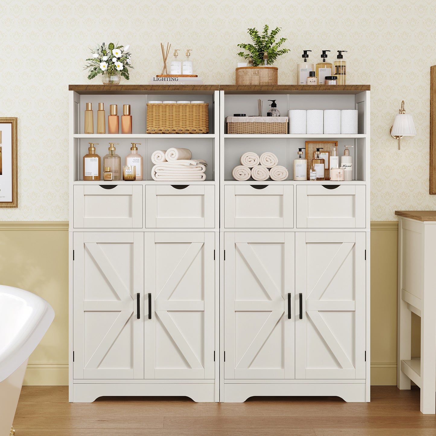 TEENFON Storage Cabinet with Doors & 2 Drawers, Kitchen Cabinet with Adjustable Shelf, Pantry Cabinets, Bathroom Cabinets, for Living Room, Entryway, Home Office, White